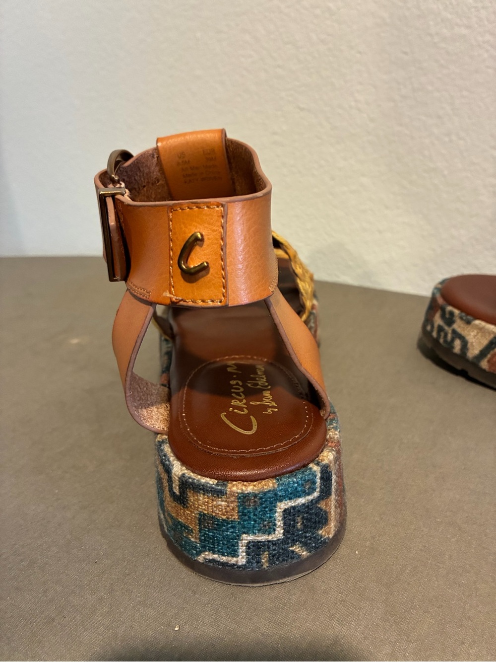 Circus by Sam Edelman Tan and Mustard Woven Platform Sandals with Ankle Buckle - Picture 4 of 7